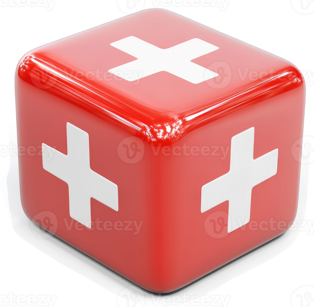Red medical aid cube with a white cross. png