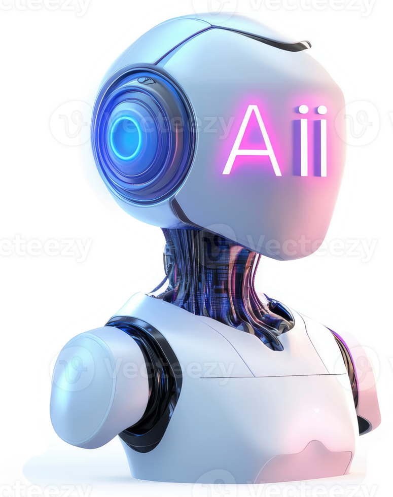 Futuristic robot head with glowing AI designation. png