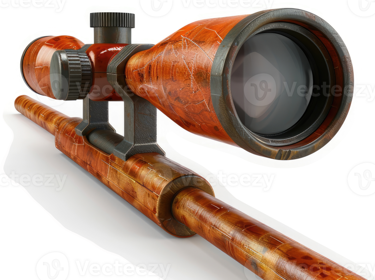 Close-up of a hunting rifle scope with a wooden stock. png