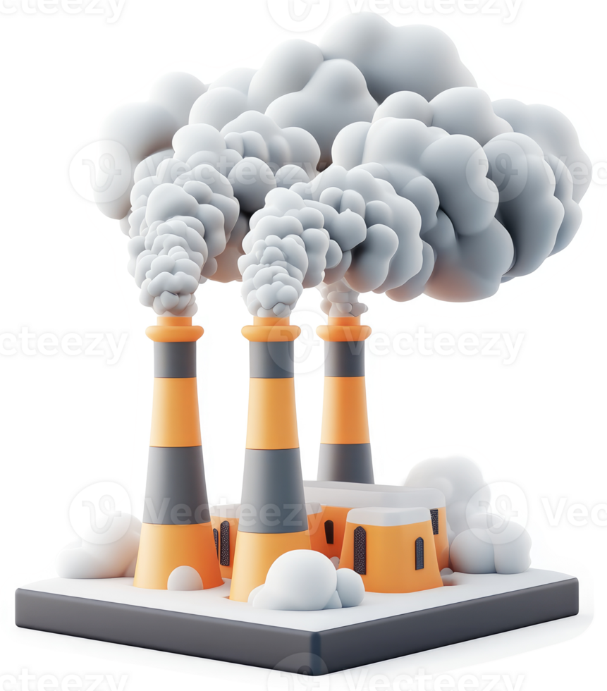 Industrial pollution depicted by three smoking factory chimneys. png