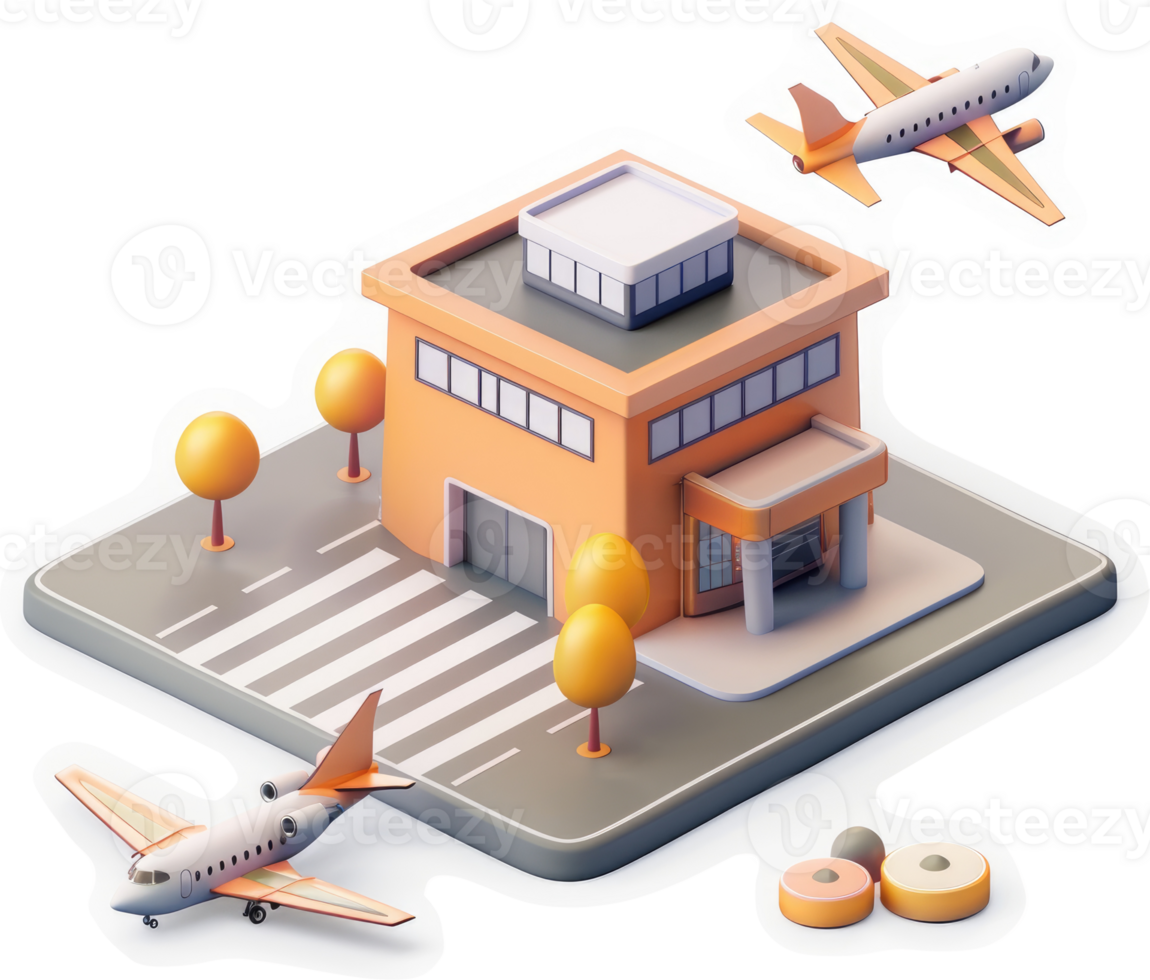Airport terminal with commercial airplanes and ground transportation. png
