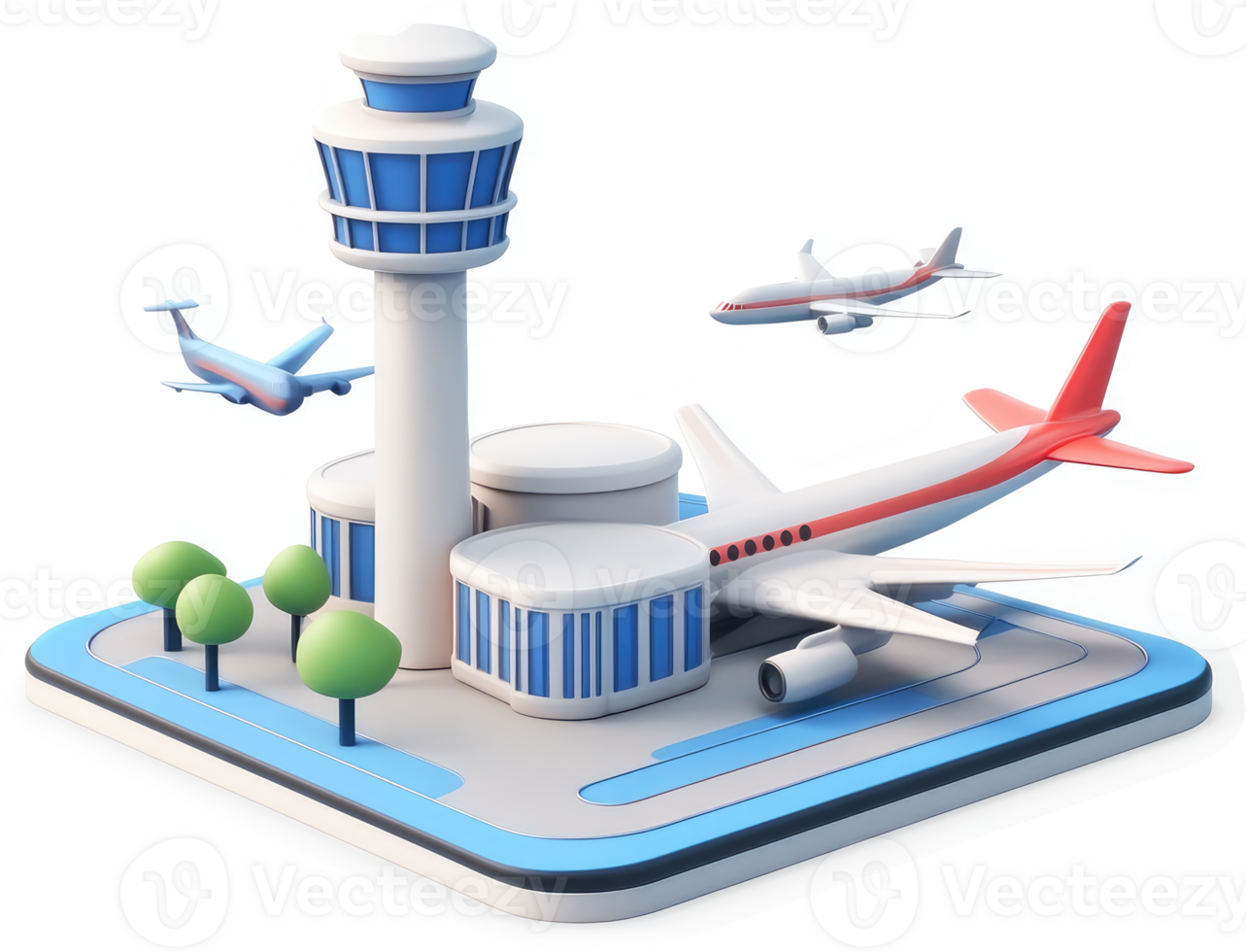 Airport complex illustration with planes in flight. png