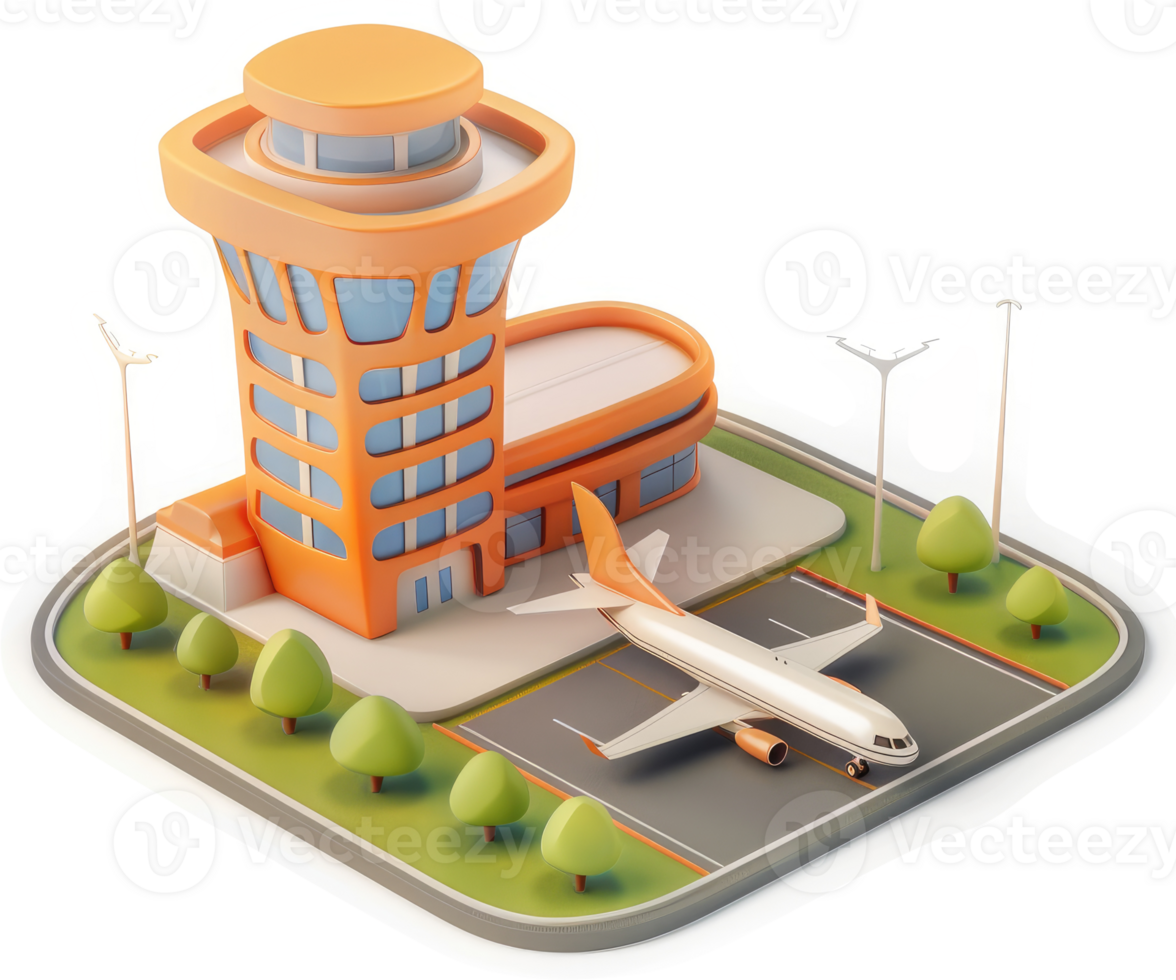Colorful airport control tower and airplane on a tarmac. png