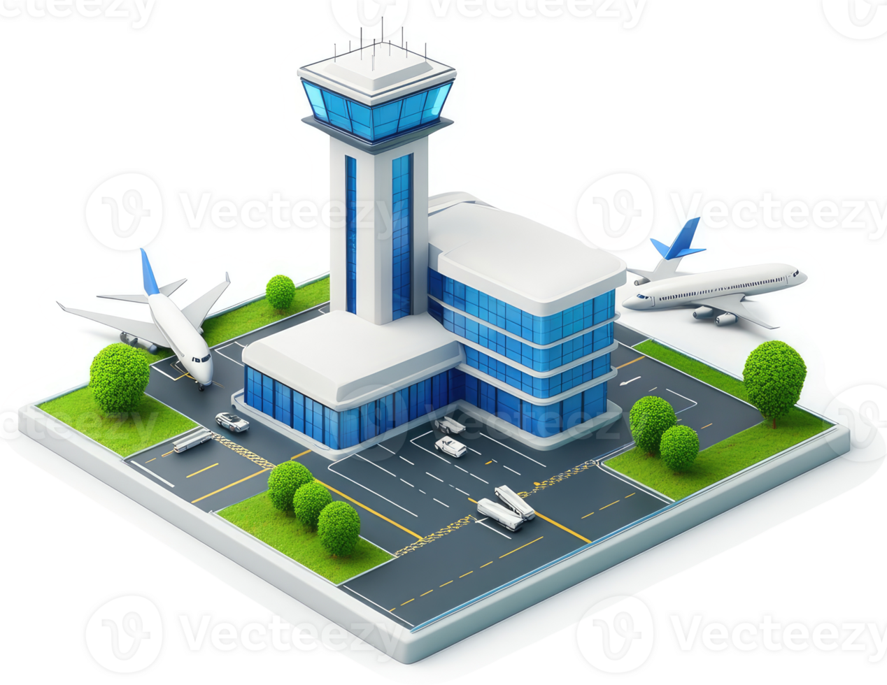 Modern airport complex with control tower and aircraft. png