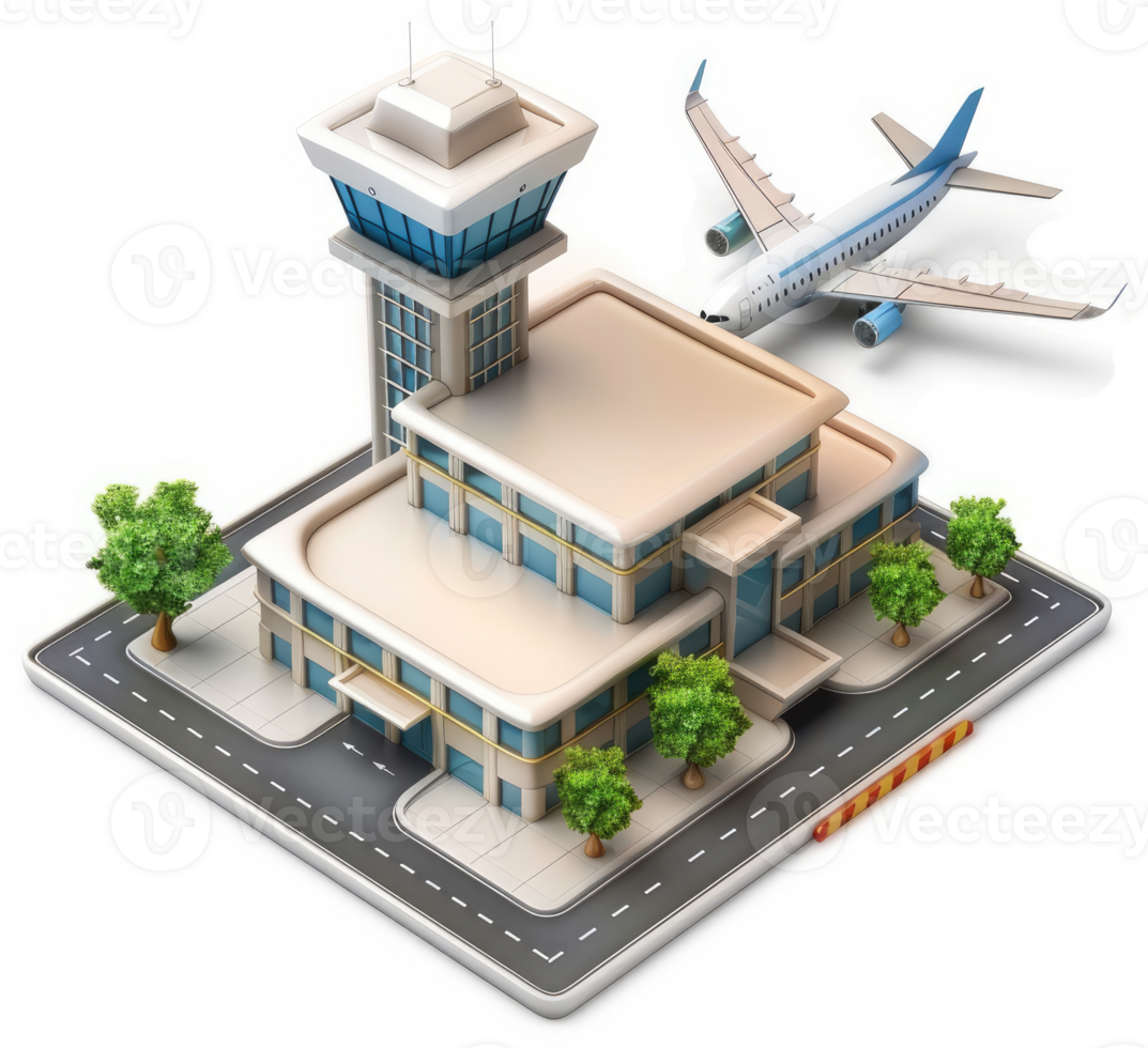 Airport terminal and control tower isometric illustration. png