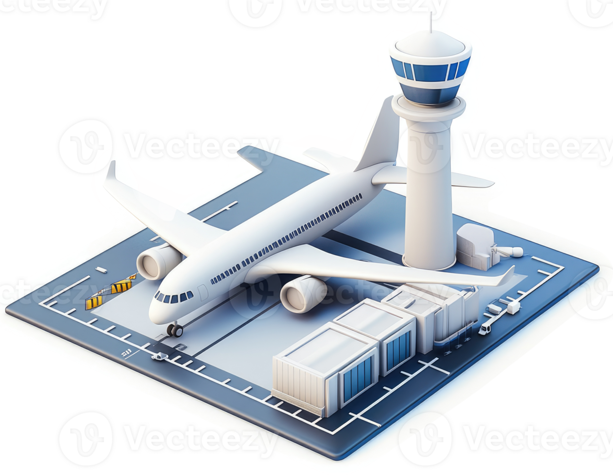 Modern airport depicted with airplane and control tower. png