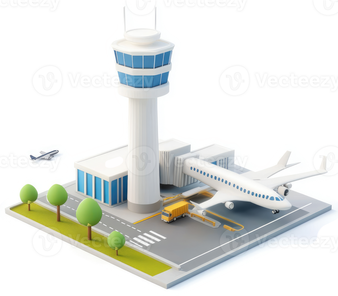 Airport terminal complex with control tower and jet. png