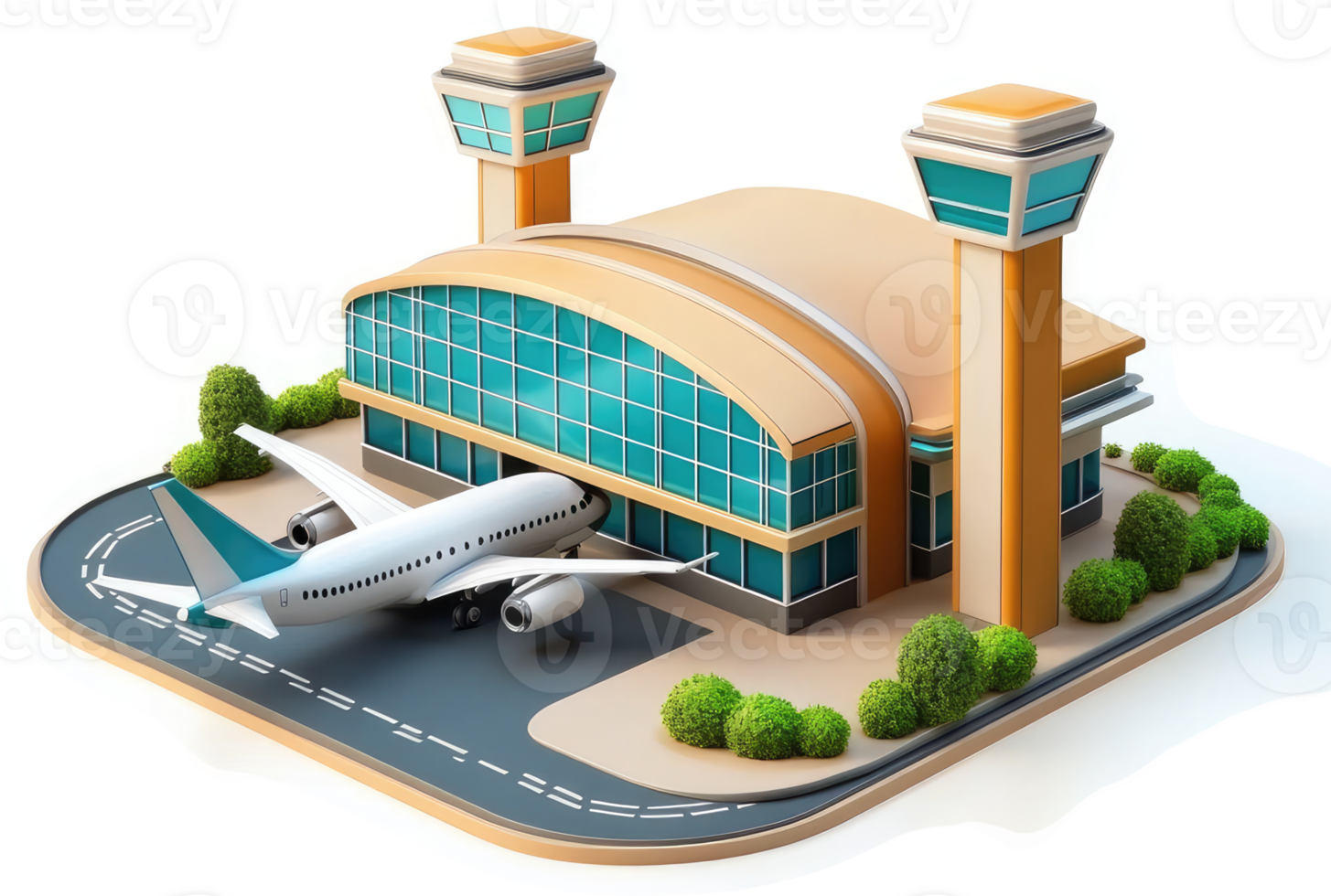 Airport terminal with airplane on tarmac. png