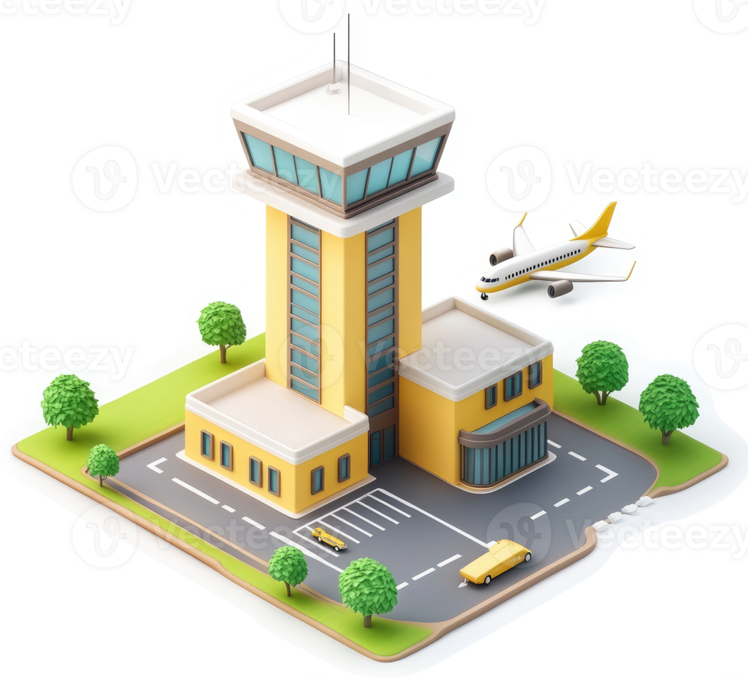 Detailed illustration of an airport control tower and terminal. png