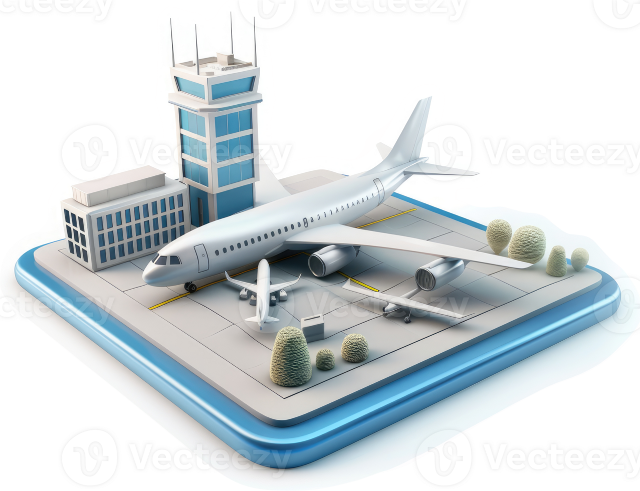 Airport scene with various aircraft on a miniature platform. png