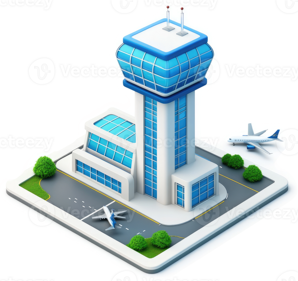 Modern airport control tower and terminal complex. png