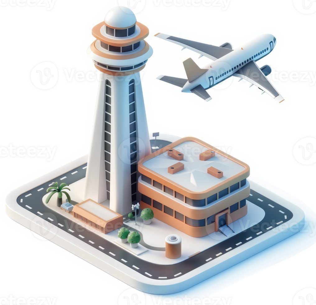Isometric illustration of an airport terminal and control tower. png