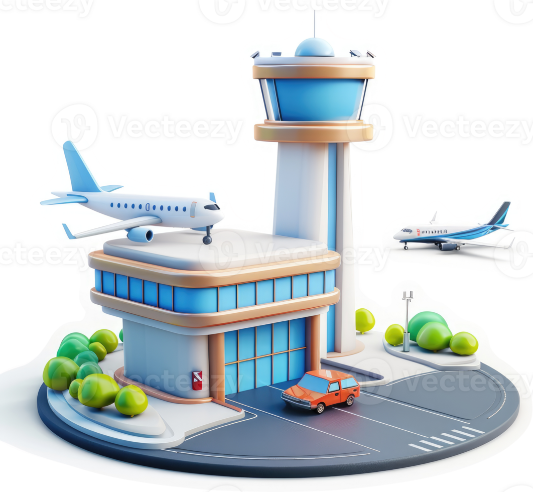 Cartoonish airport complex with airplanes and control tower. png