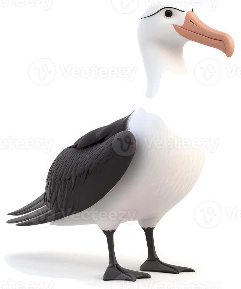 Cartoonish depiction of a white-and-black albatross with a turquoise water strip. png