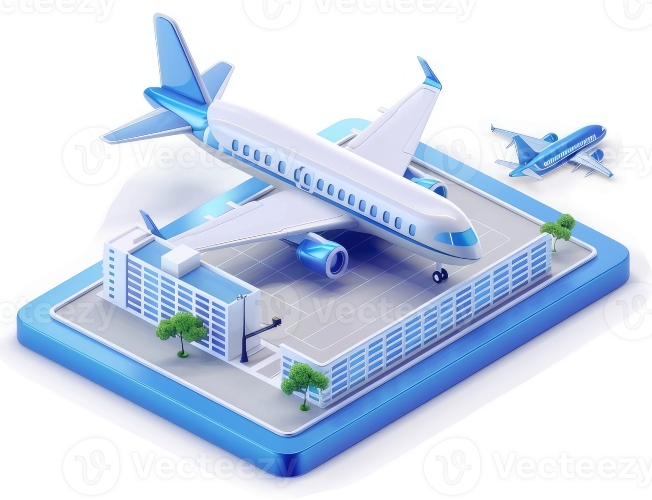 Elevated view of a commercial jet on an airport tarmac. png