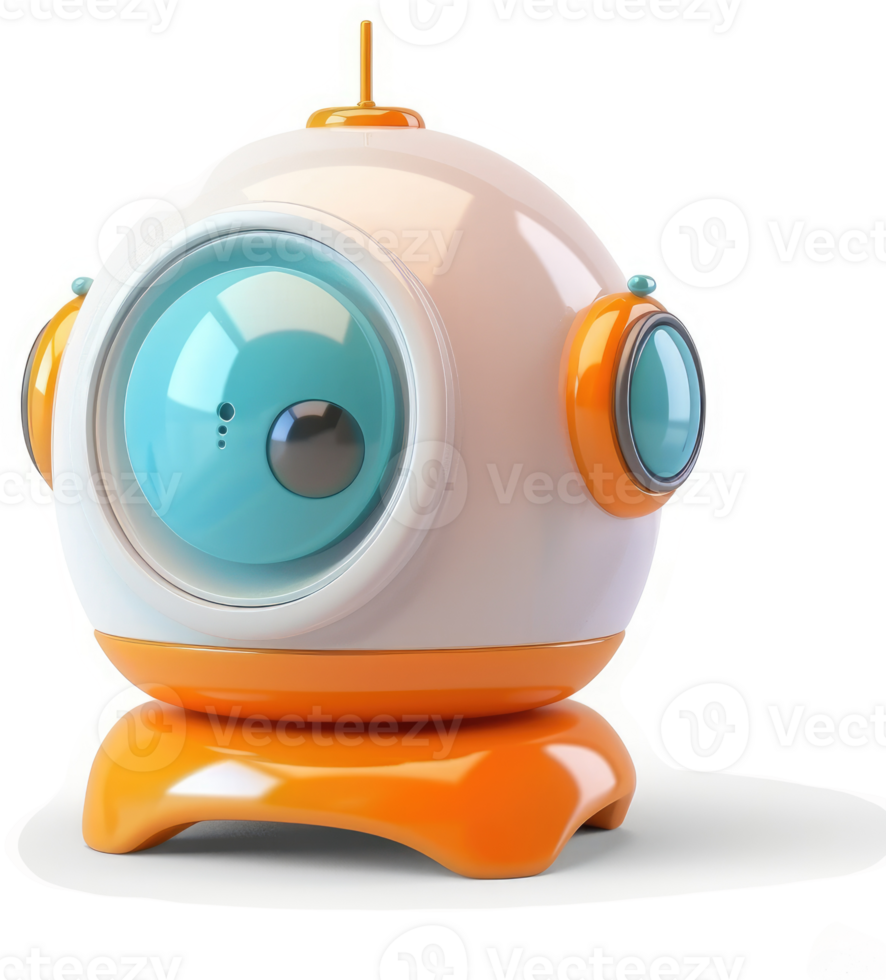 Playful, round robot head, resembling a space capsule. png