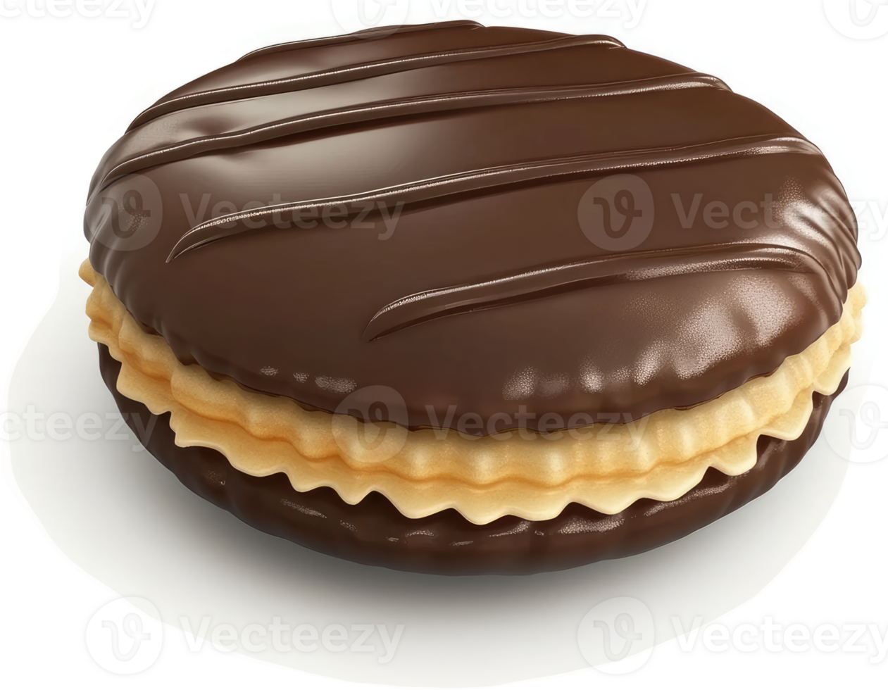 Round chocolate-covered sandwich cookie with light filling. png