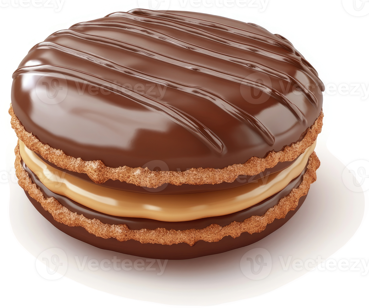 Delicious round chocolate-covered sandwich cookie with caramel filling. png