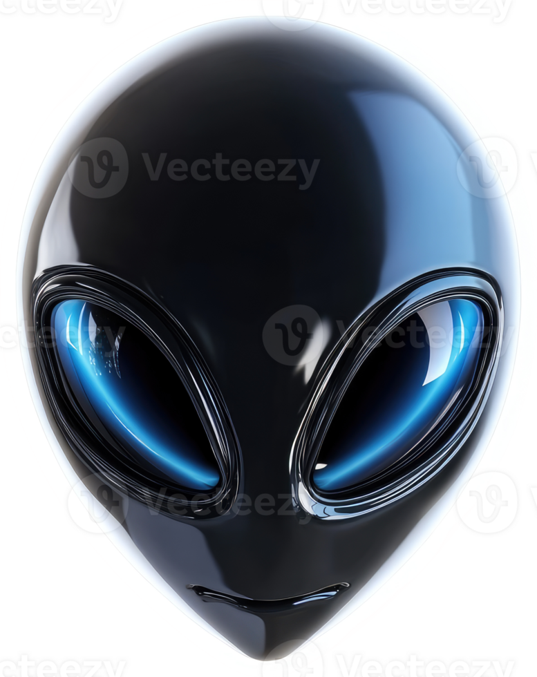 Glossy black alien head with luminous blue eyes. png