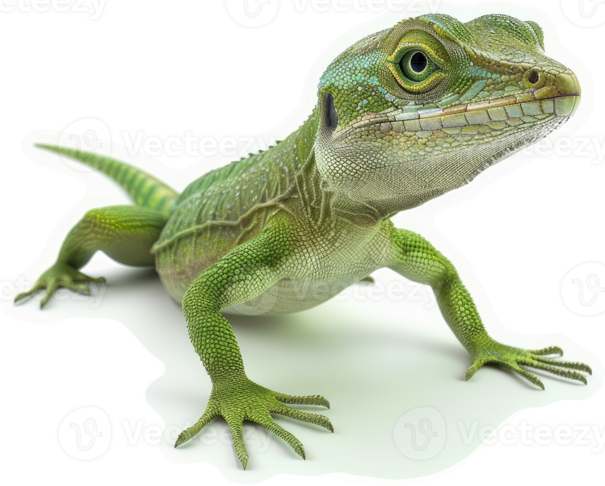 Vivid green lizard in a studio setting. png