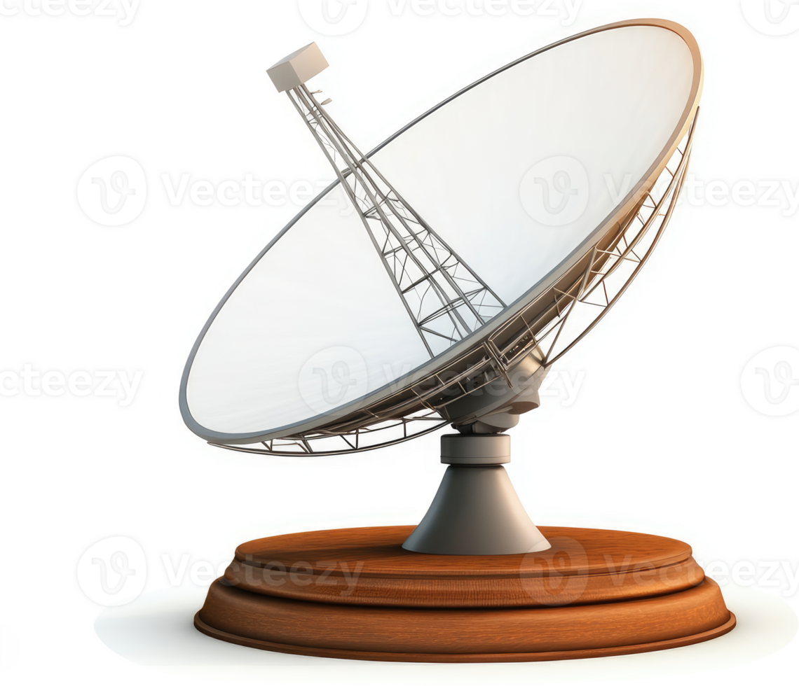 Satellite dish antenna on a wooden base. png