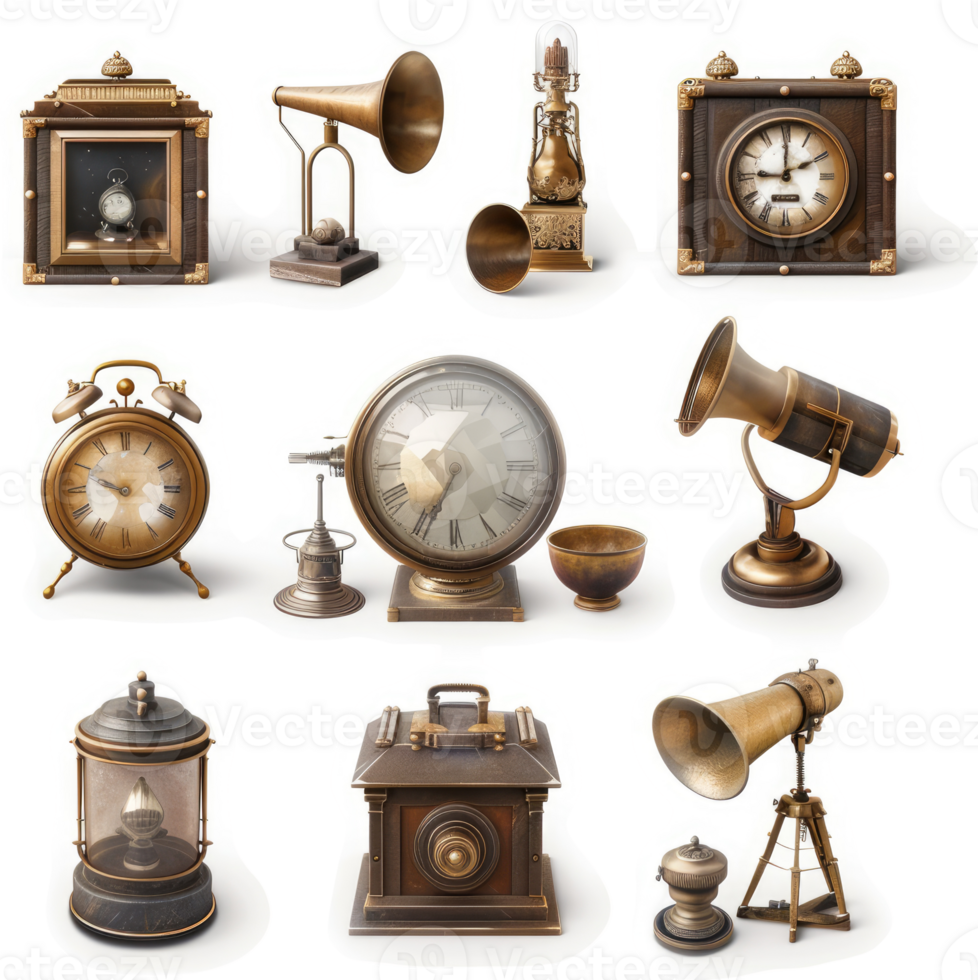 Collection of antique brass or bronze decorative timepieces and communication devices. png
