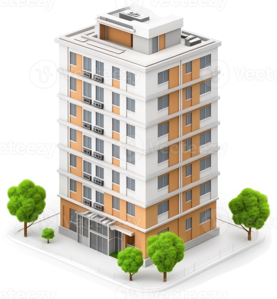 Modern multi-story apartment building illustration. png
