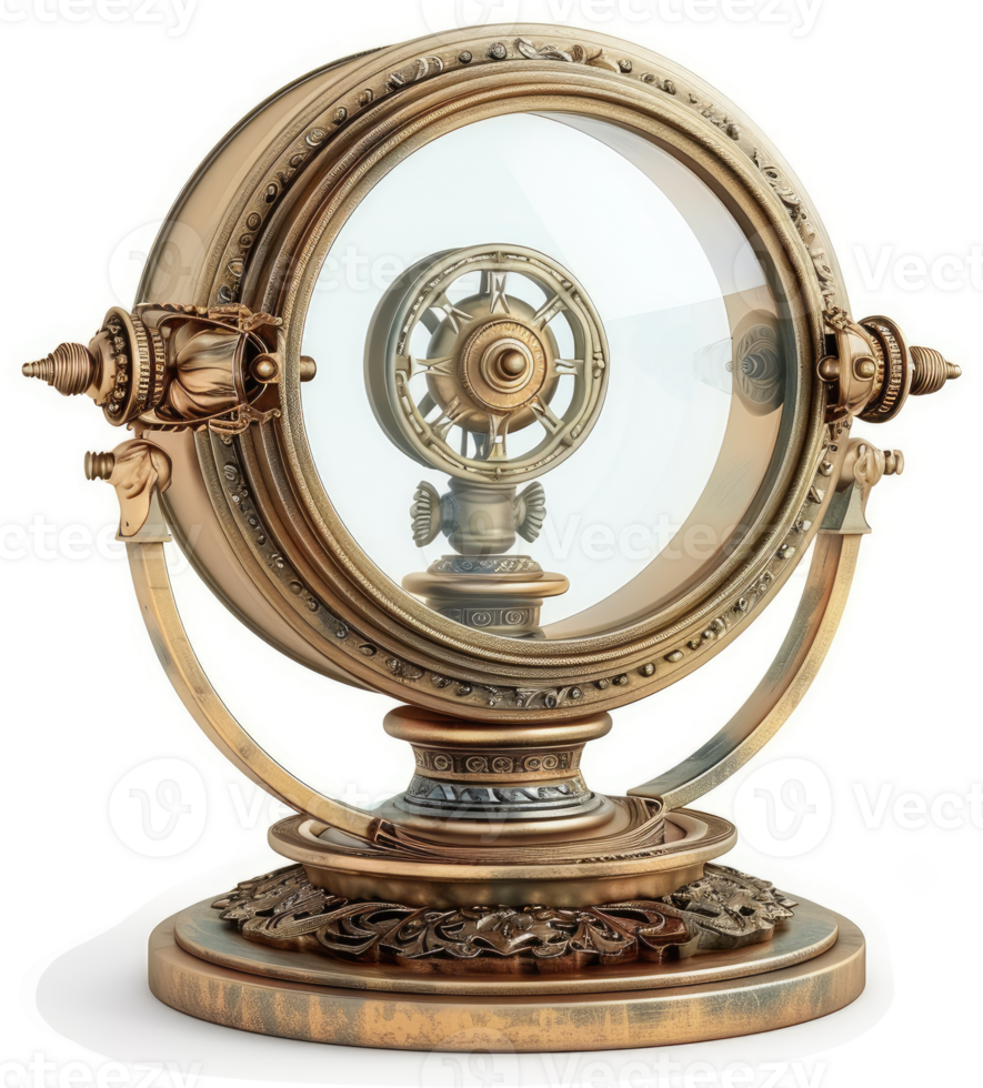 Ornate brass circular display case showcasing a detailed mechanical device. png
