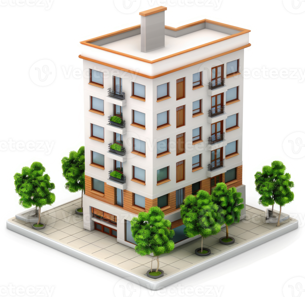 Urban apartment building facade with landscaping. png