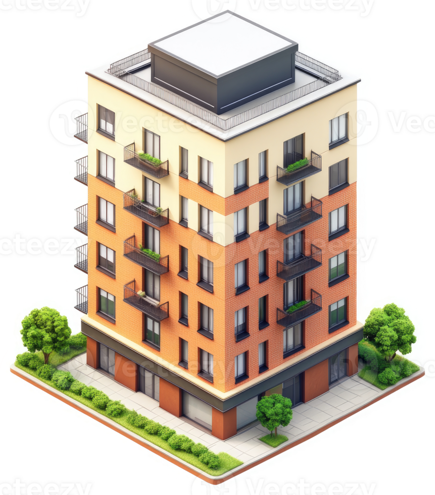 Multi-story apartment building with balconies and landscaping. png