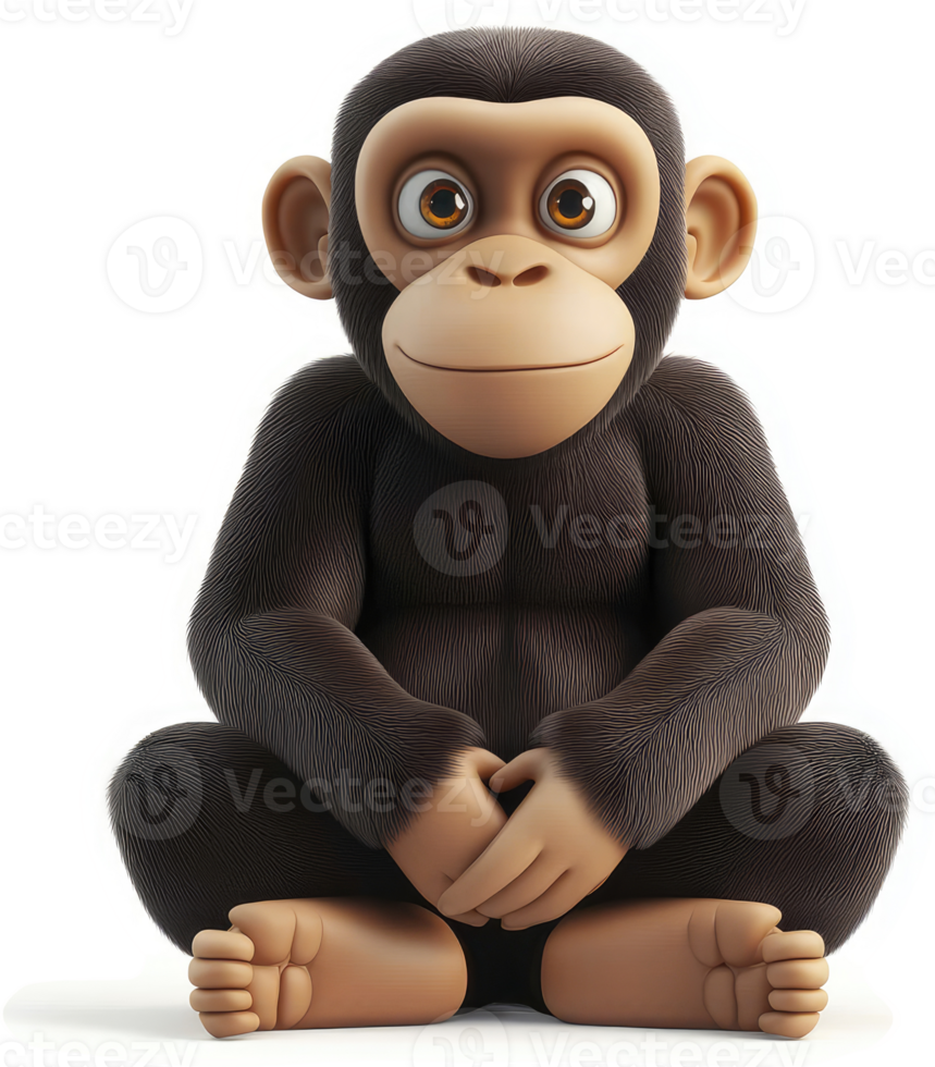 Smiling cartoon chimpanzee character, sitting. png