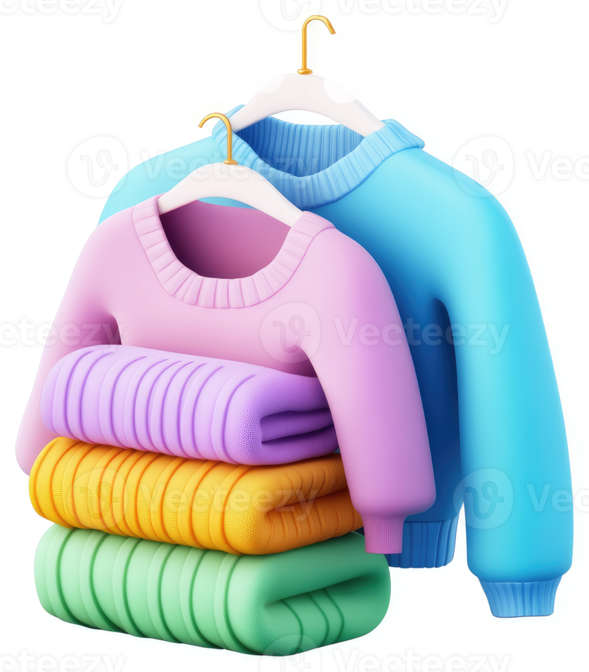 Colorful sweaters and folded garments on hangers. png