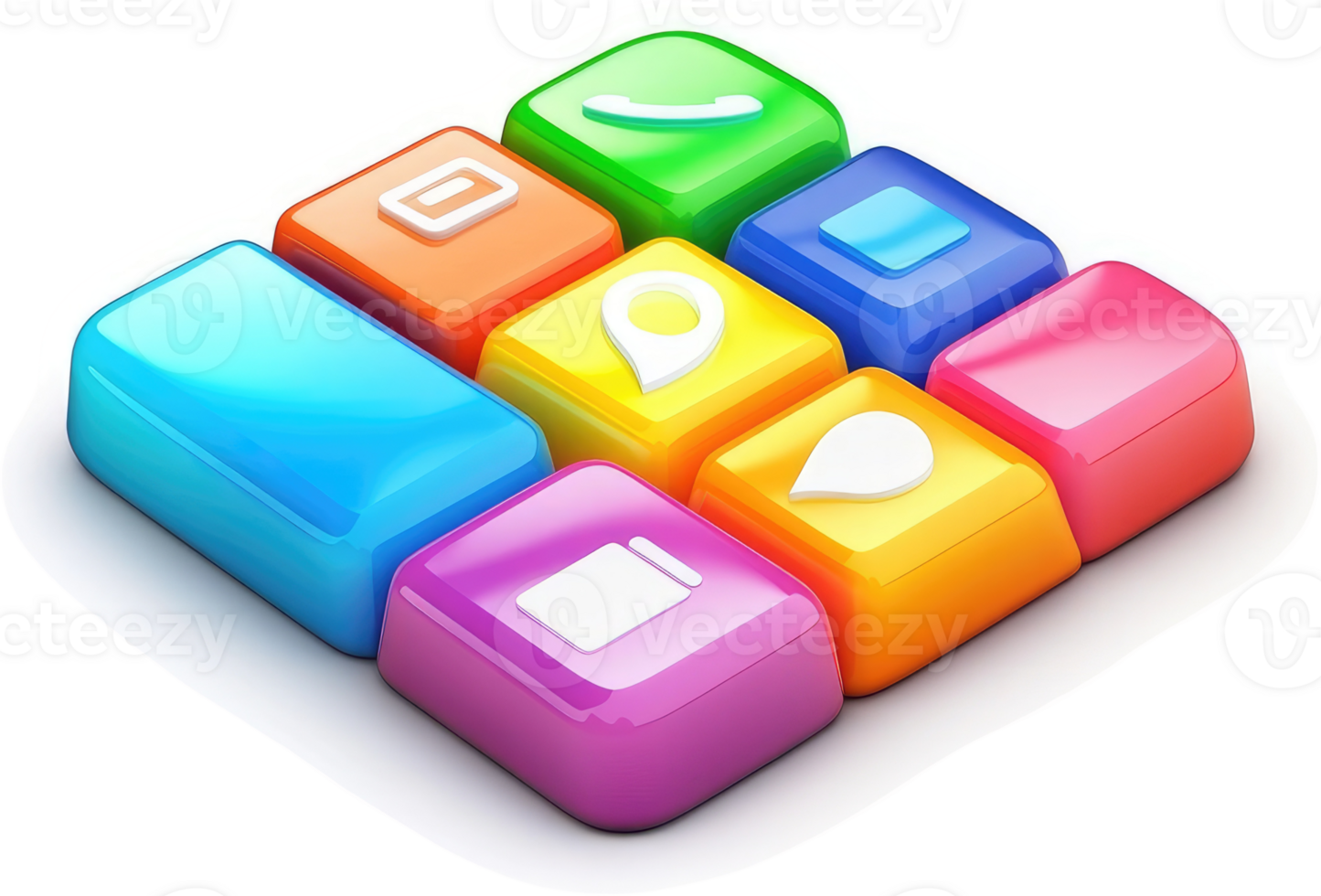 Colorful, geometric keyboard keys represent various application icons. png
