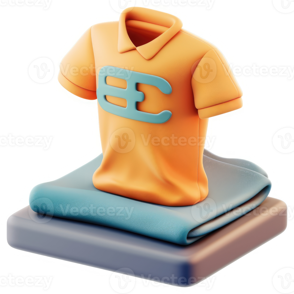 3D rendered image of an orange polo shirt atop folded teal fabric. png