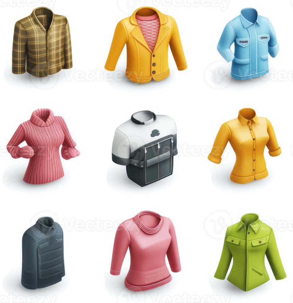 Colorful variety of garments displayed in a graphic design. png