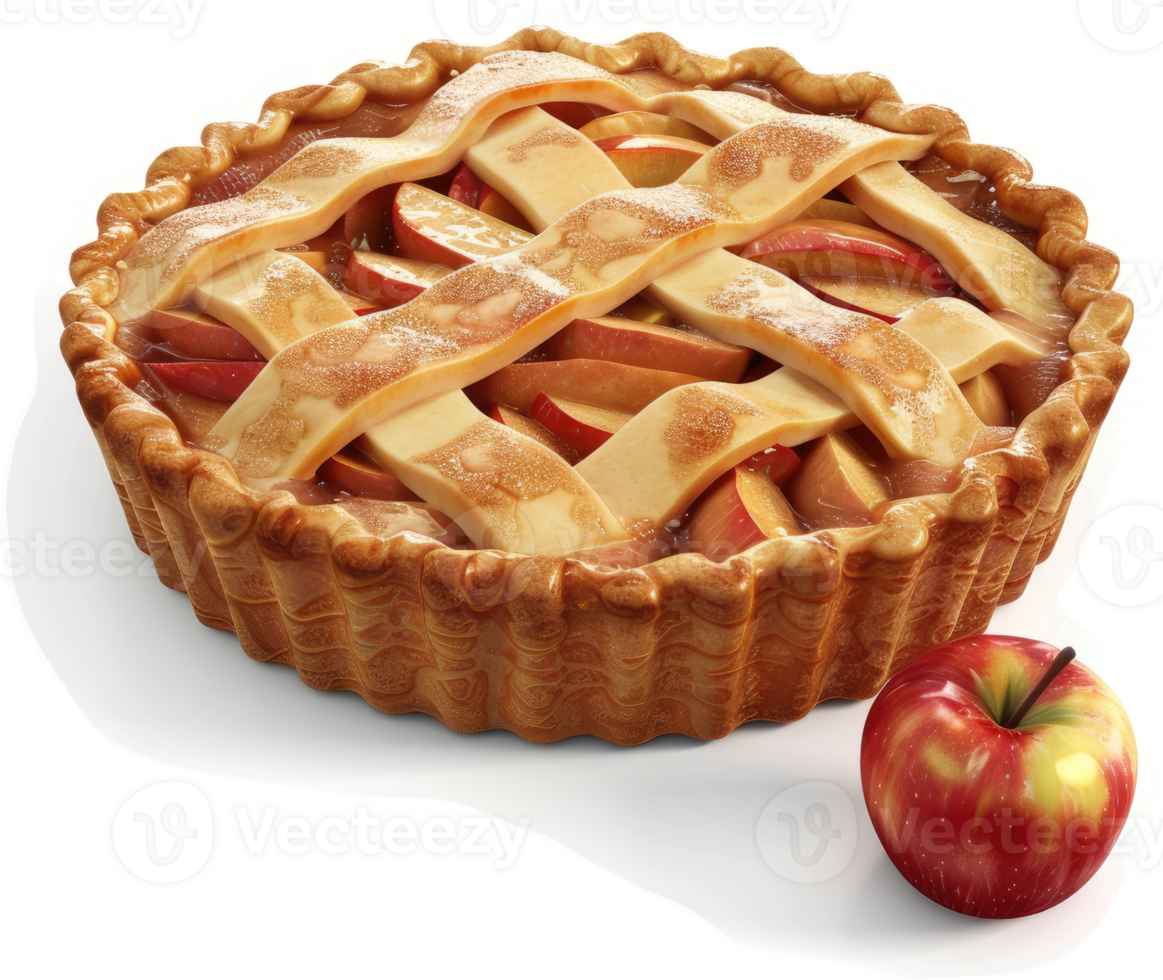 A round, golden-brown apple pie with a lattice top. png