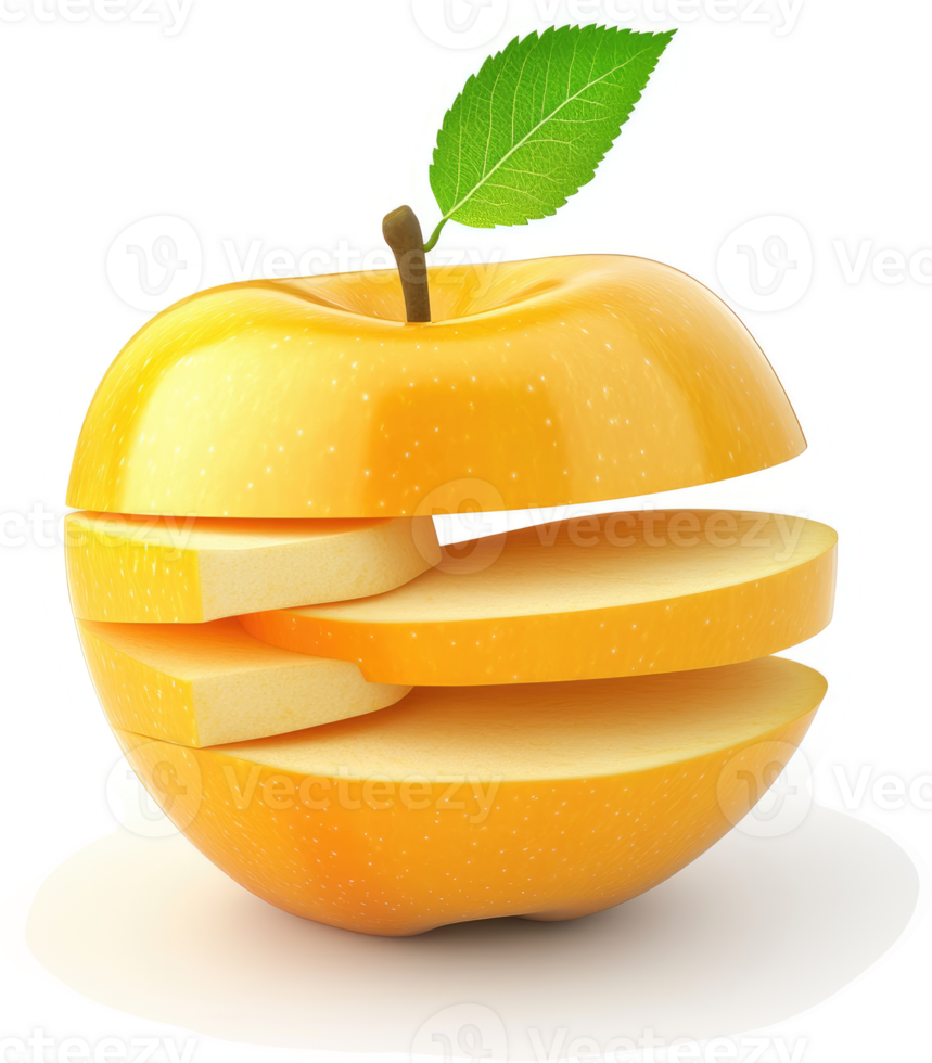 A vibrant yellow apple, sliced into multiple sections. png