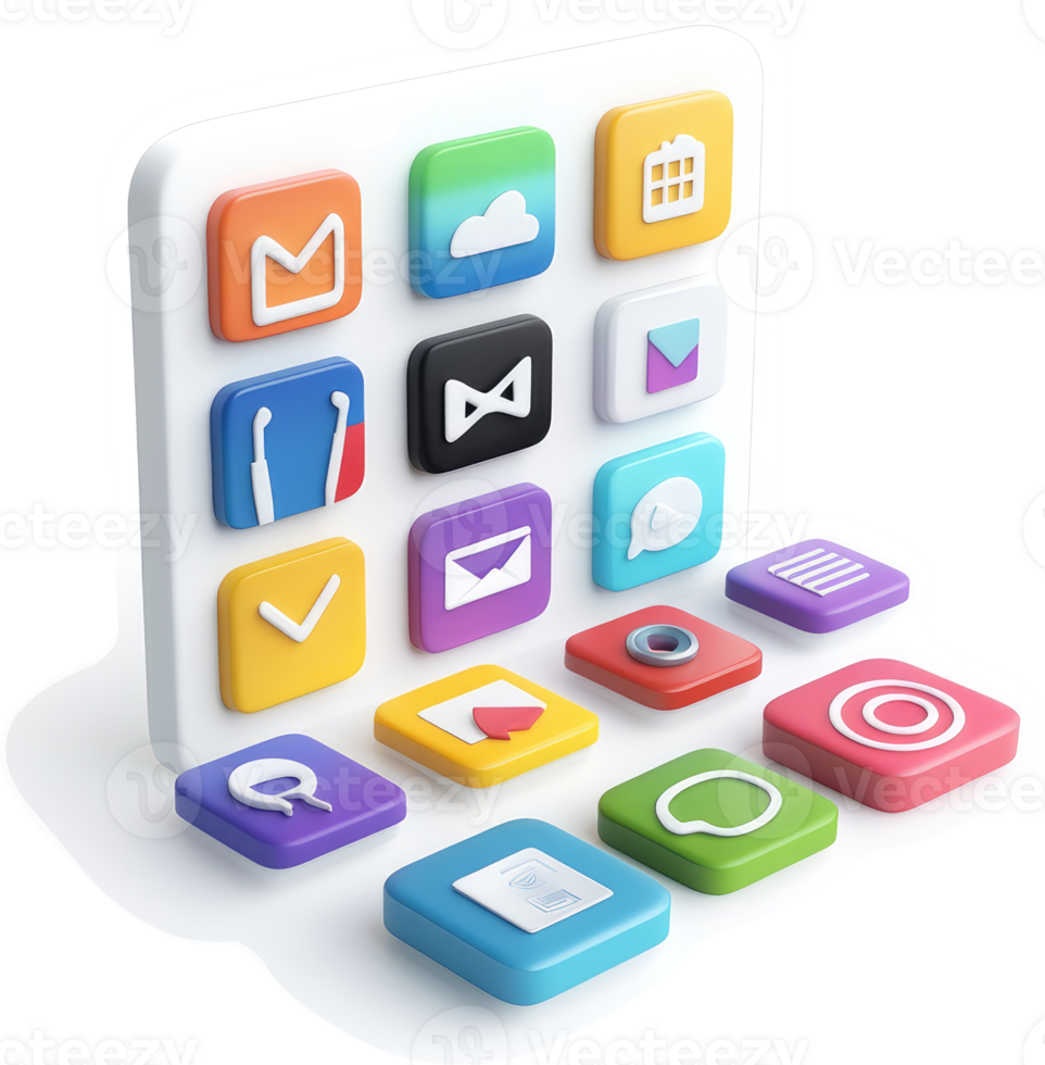 Colorful app icons arranged in a 3D grid design. png