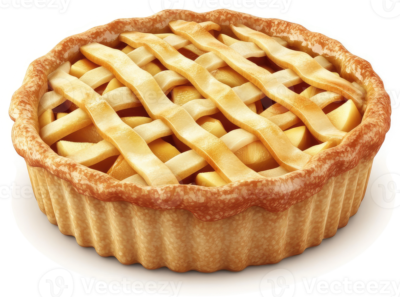 Golden-brown, lattice-topped apple pie sits invitingly. png