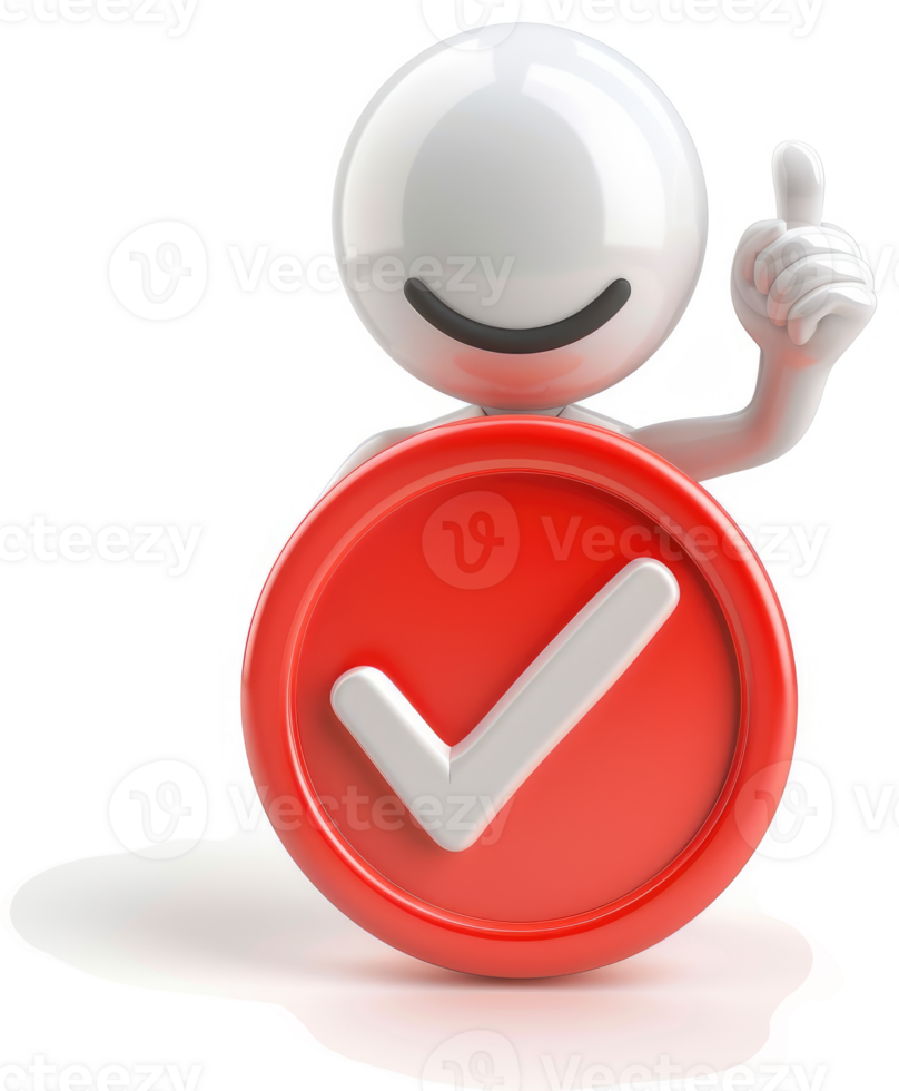 Smiling character holds a red circle with a check mark. png