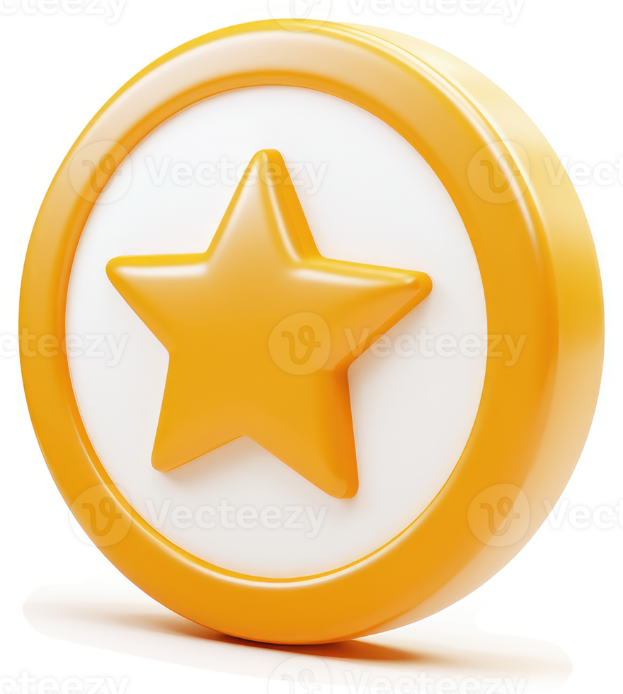 A 3d rendered, orange star icon on a coin-like badge. png
