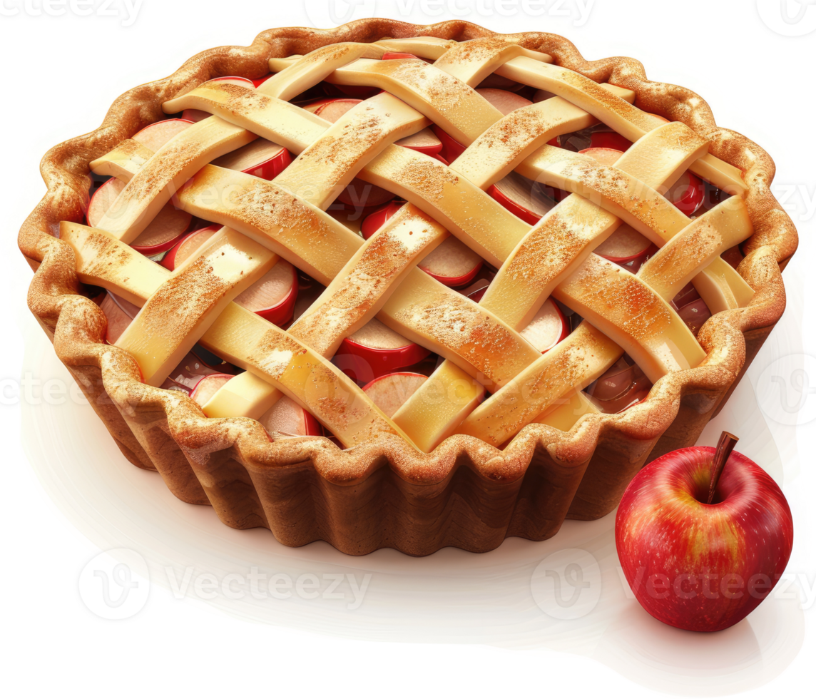 A golden-brown, lattice-topped apple pie, perfectly displayed. png