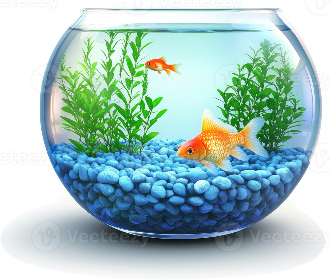 Round aquarium with two goldfish and aquatic plants. png