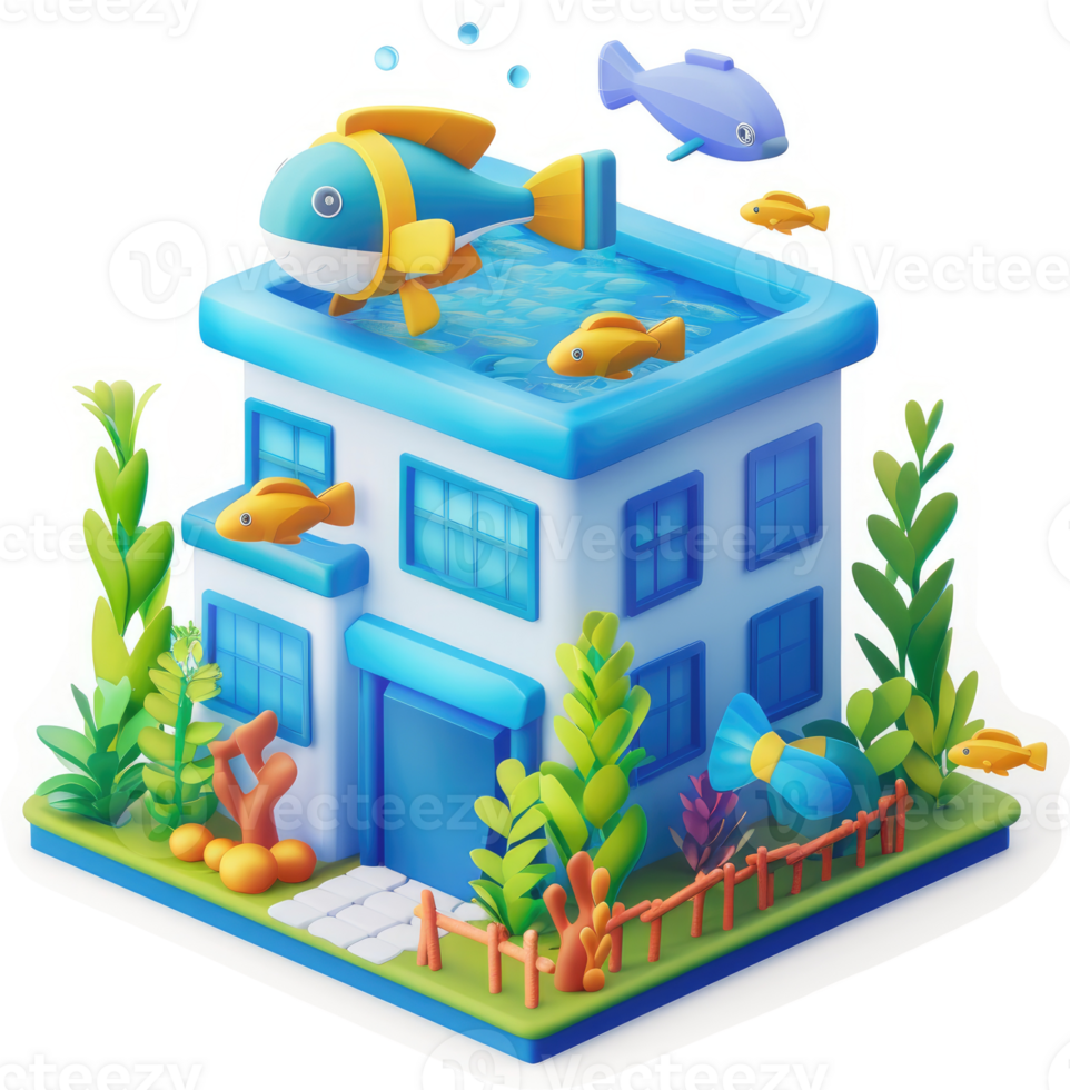 Colorful aquarium house with fish and plants. png