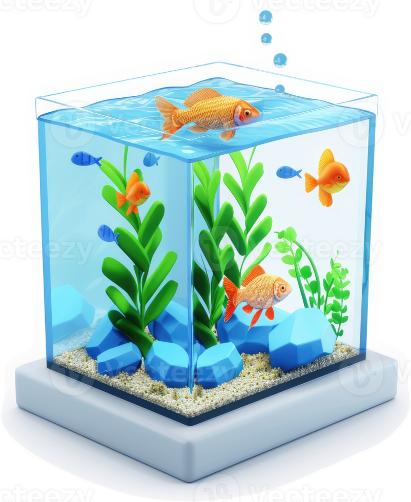 Cubic aquarium with goldfish and aquatic plants. png