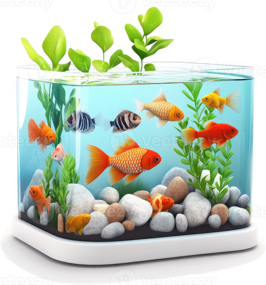 Colorful fish swimming in a small, rectangular aquarium. png