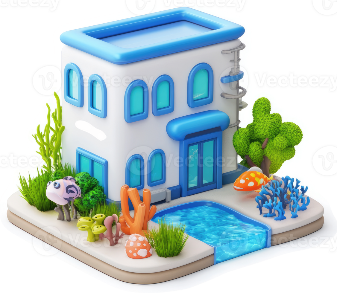 Miniature, stylized, Mediterranean-style house, complete with landscaping. png