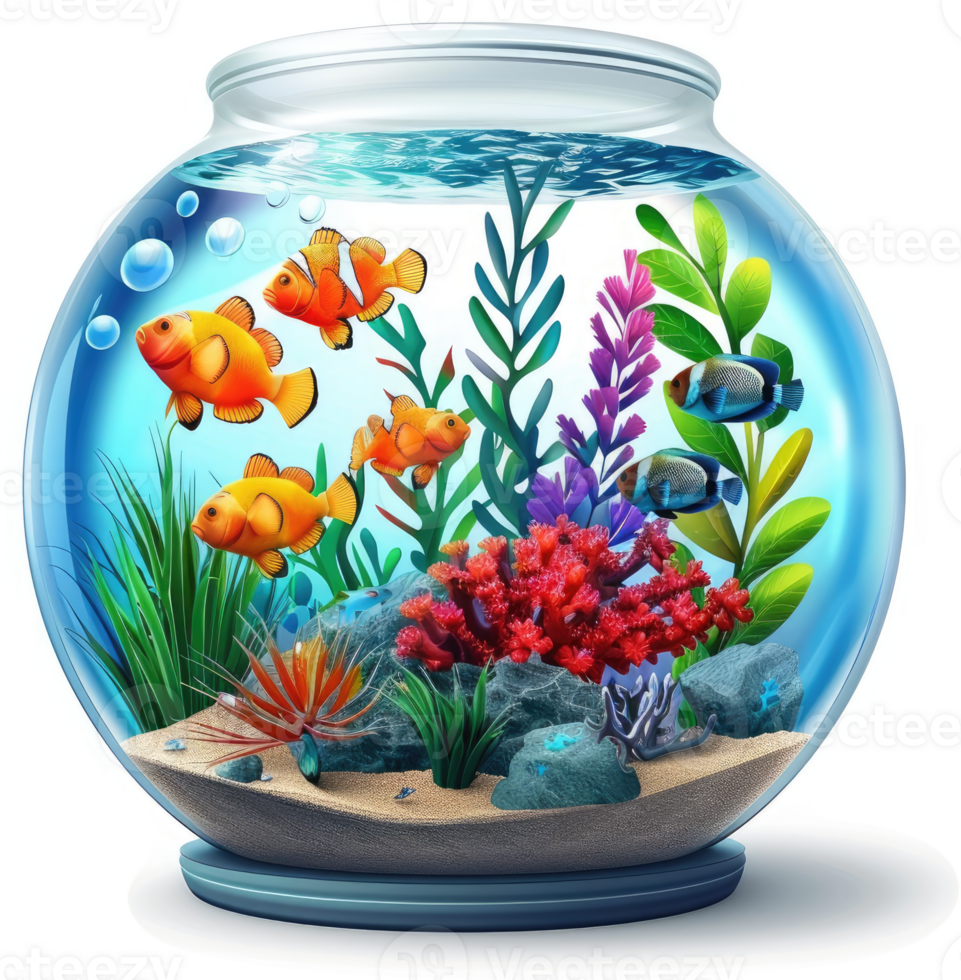 Colorful fish populate a round aquarium. png