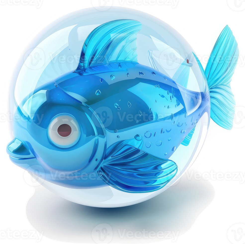 Cartoon fish contained within a clear glass bubble. png