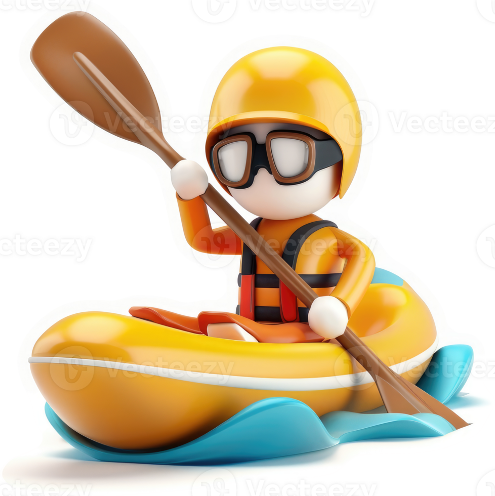 Animated figure kayaks on a body of water. png